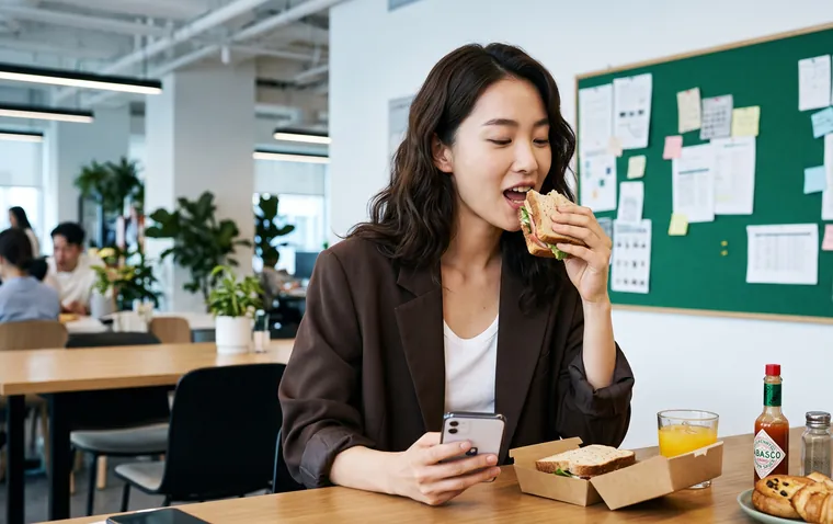 점심시간에 휴대폰을 보는 직장인